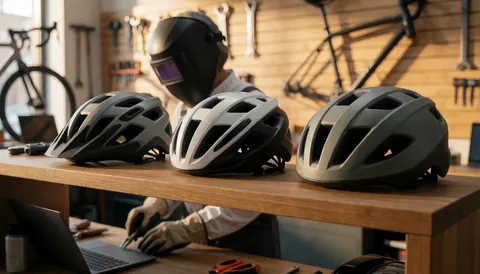 Three bicycle helmets resting on a wooden counter in a bike repair shop with tools and a bicycle visible in the background