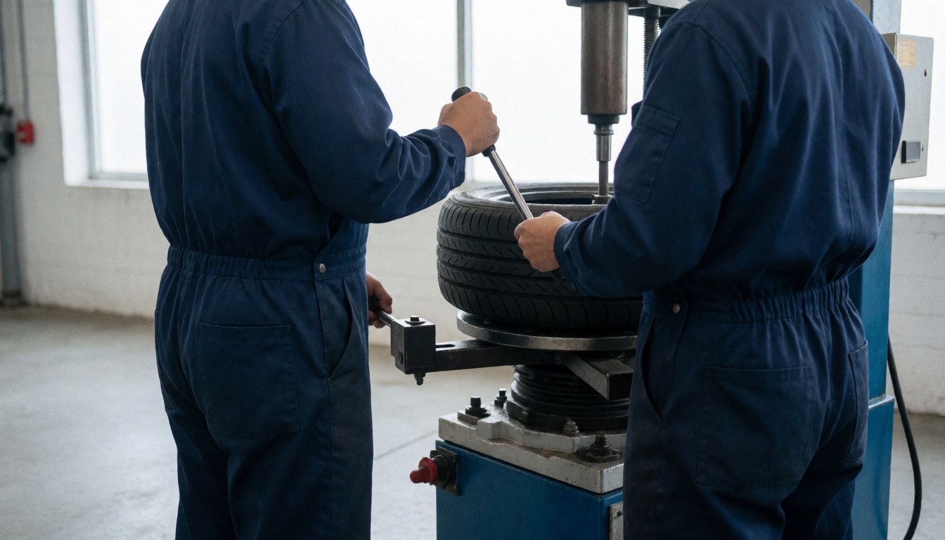 Two mechanics in blue uniforms work together on a tire changing machine in a workshop with concrete floor and natural light.