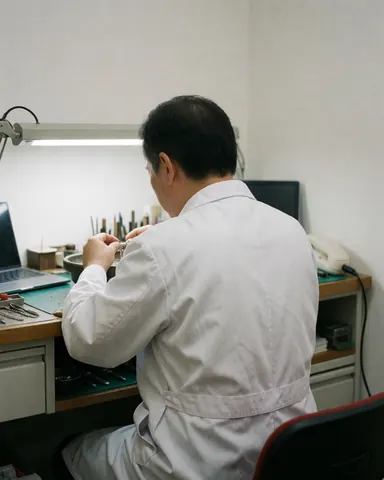 Watchmaker in white coat cleaning a silver chain on a workbench with jewelry tools under bright task lighting