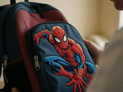 Child-sized Spider-Man backpack with detailed embroidery, zipper closure, and hand holding it against a beige wall for stationery shop product display