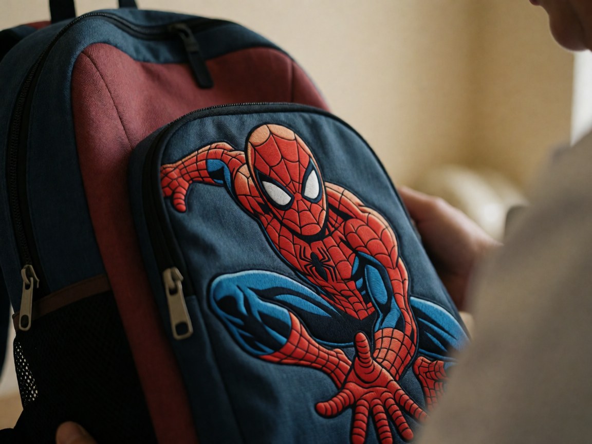 Child-sized Spider-Man backpack with detailed embroidery, zipper closure, and hand holding it against a beige wall for stationery shop product display