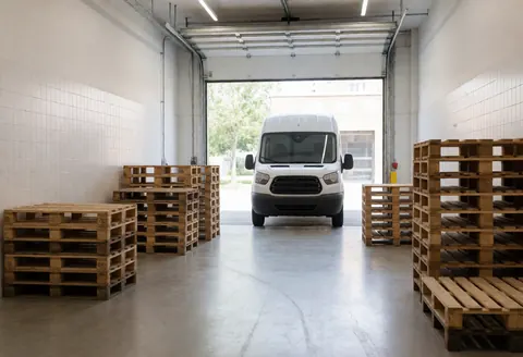 White delivery truck parked inside a bakery warehouse with wooden pallets, concrete floor, and white tiled walls