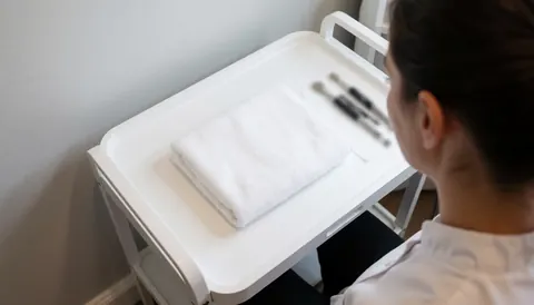 White treatment cart with towel and microblading tools in a beauty salon with light gray walls