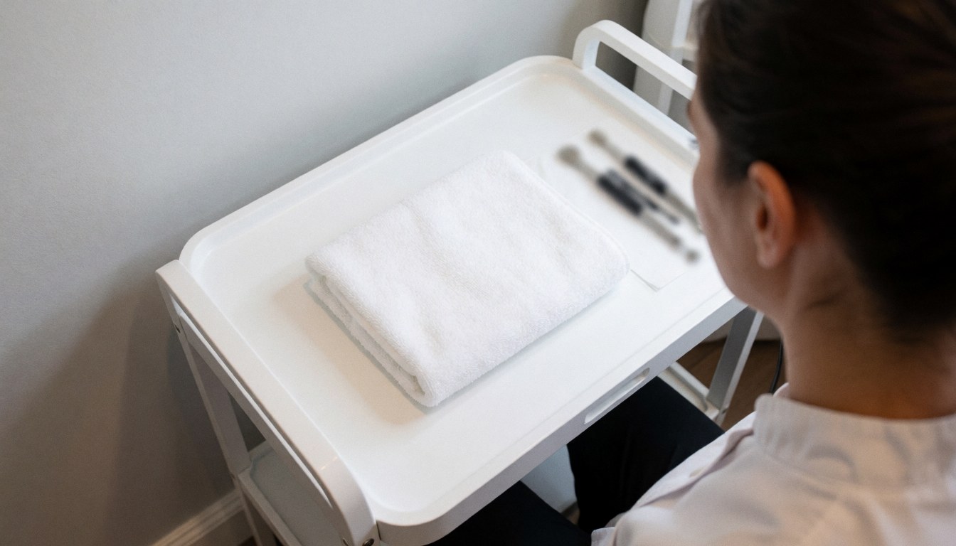 White treatment cart with towel and microblading tools in a beauty salon with light gray walls