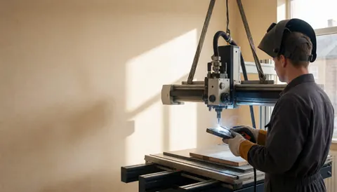 A welder wearing a helmet and gloves operates a plasma machine on a metal plate in a workshop with beige walls and natural light.