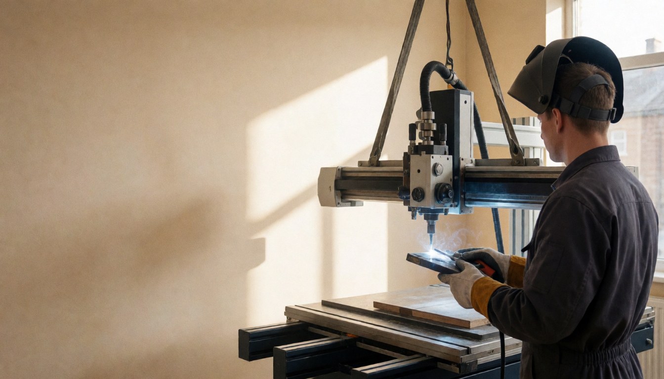 A welder wearing a helmet and gloves operates a plasma machine on a metal plate in a workshop with beige walls and natural light.