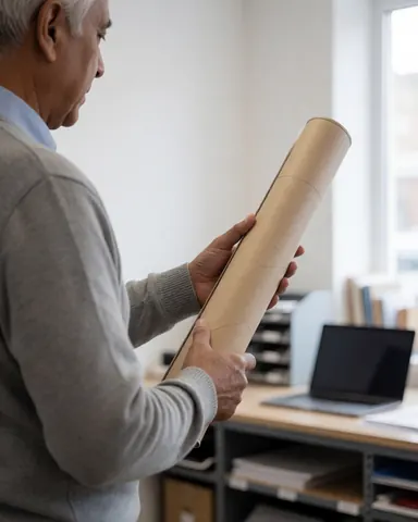 A satisfied client inspects a large banner roll while standing in a modern print shop office with a laptop and desk.