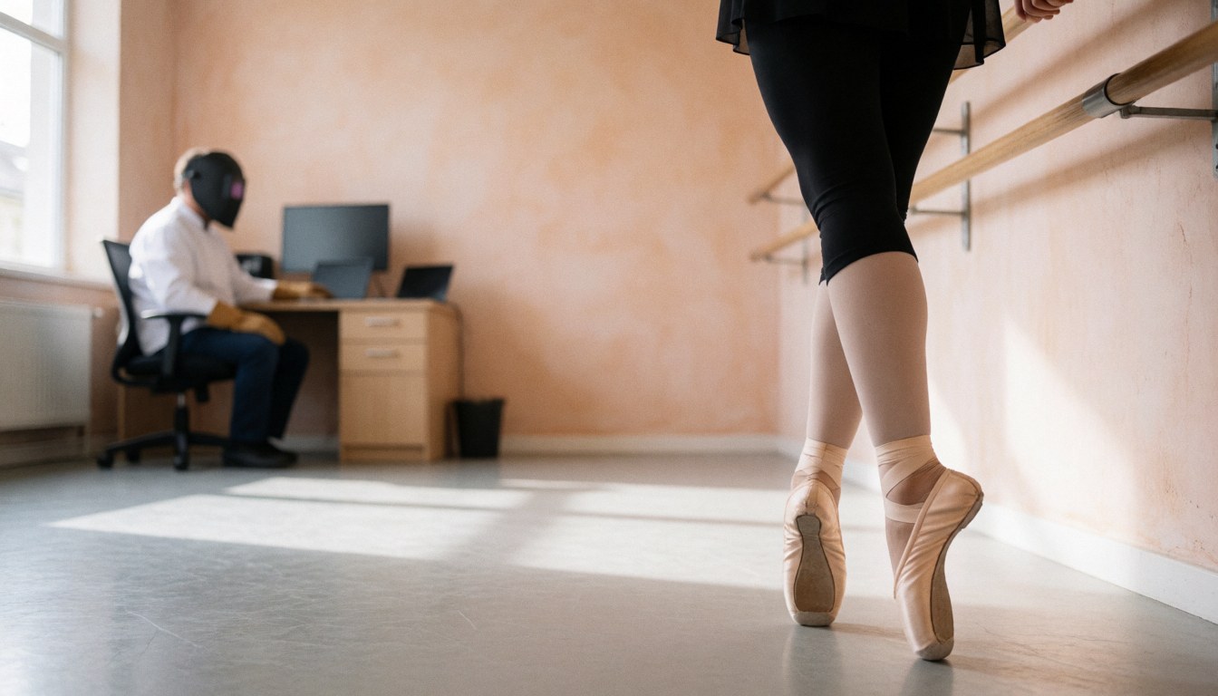 Pointe shoes resting on the floor in a bright ballet studio with light walls and space for text.