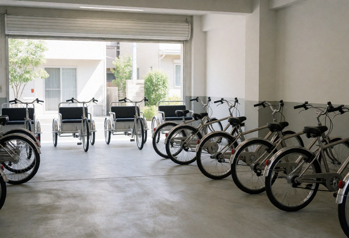 Bicycle taxis and cargo tricycles ready for service in a modern garage with polished concrete floors and white walls.
