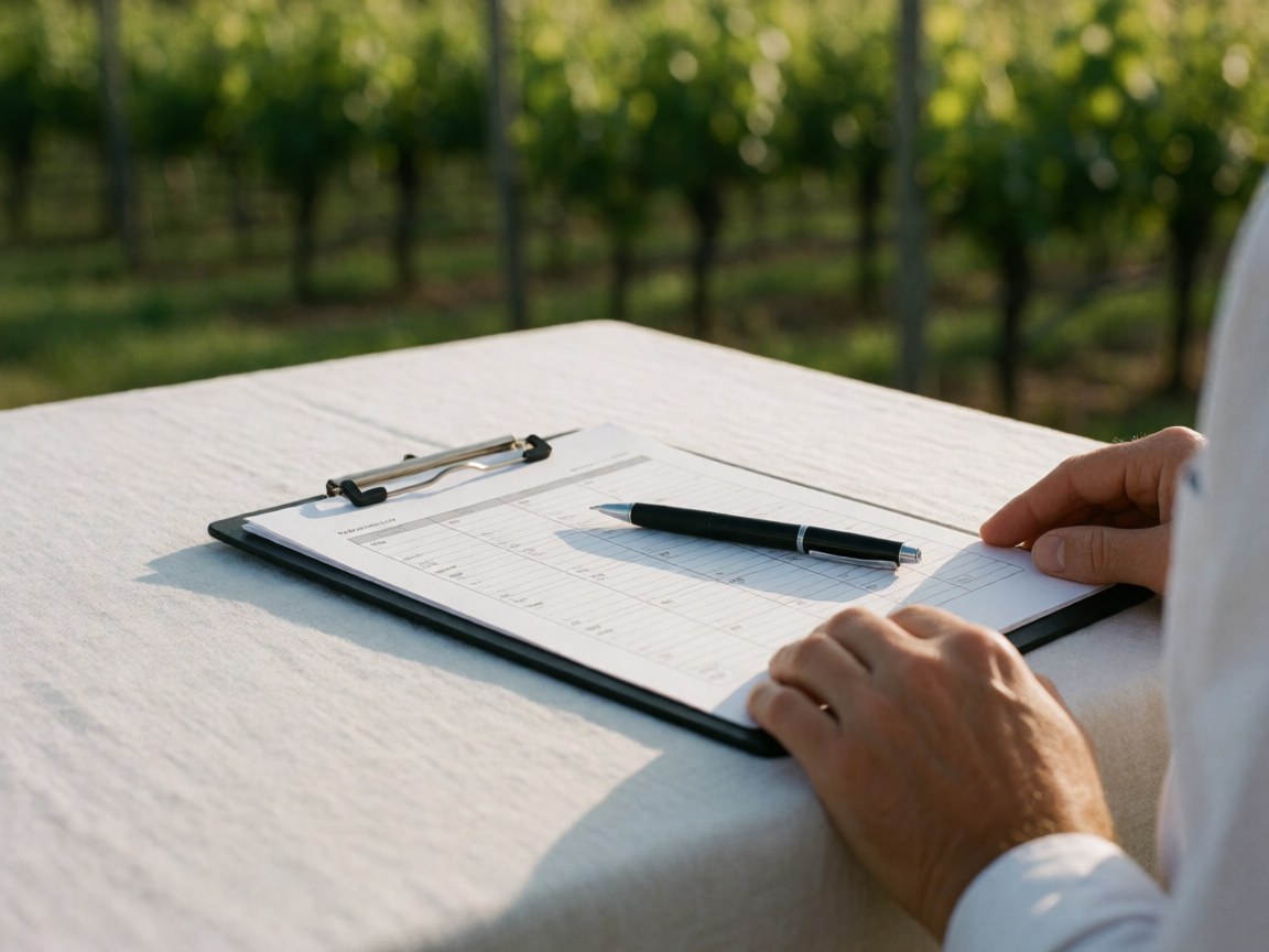 Hands of a party coordinator checking a calendar in a vineyard with pen and notebook on a white table during sunset light