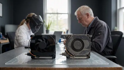 Two laptop cooling fans, one new and one old, resting on a workbench in a computer repair shop.