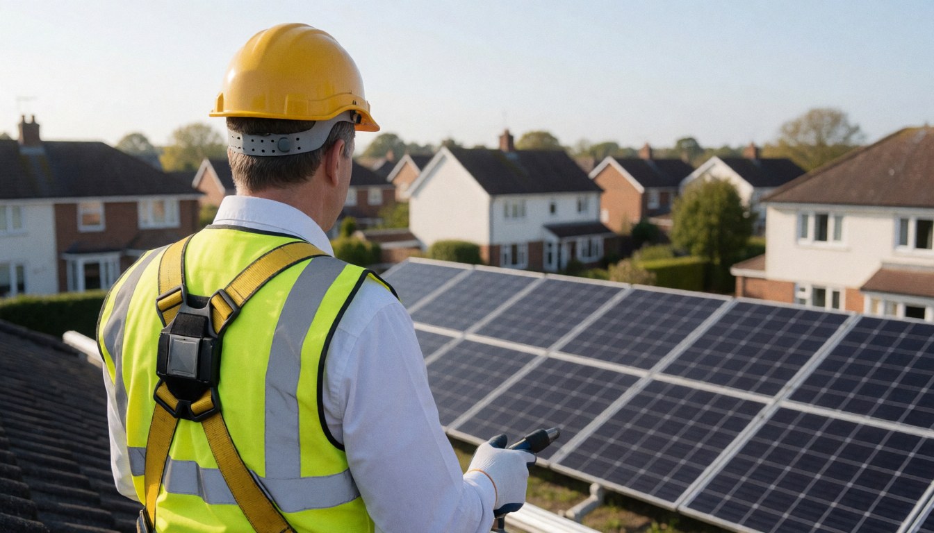 Technician wearing a yellow hard hat and reflective vest inspecting solar panels on a residential rooftop