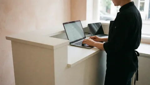 A professional receptionist using a laptop in a modern reception area with light terracotta walls and soft natural light.