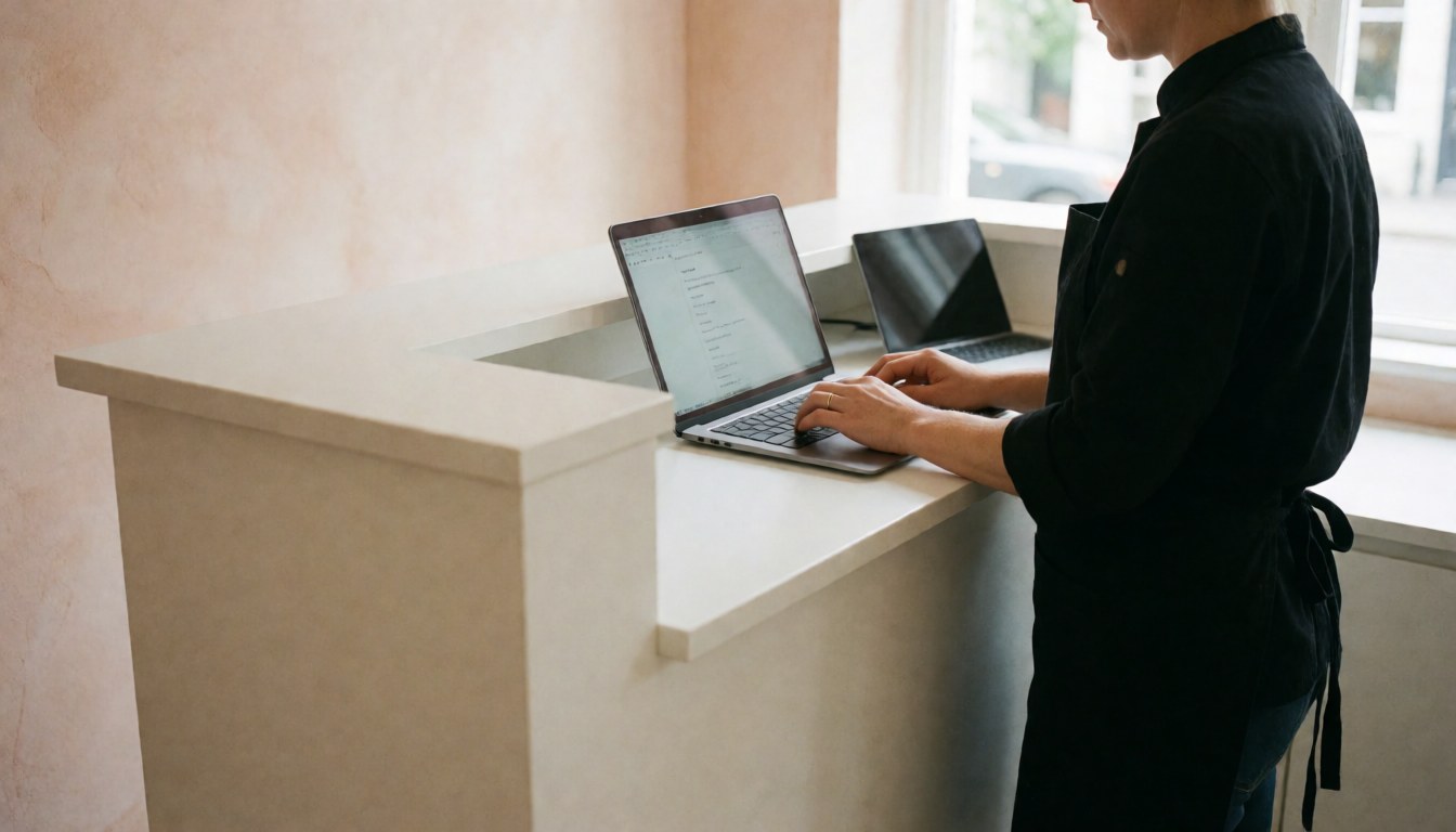 A professional receptionist using a laptop in a modern reception area with light terracotta walls and soft natural light.