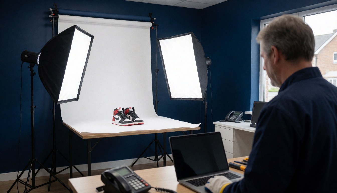 Red and black athletic shoes on a white background with softbox lighting in a blue-walled studio