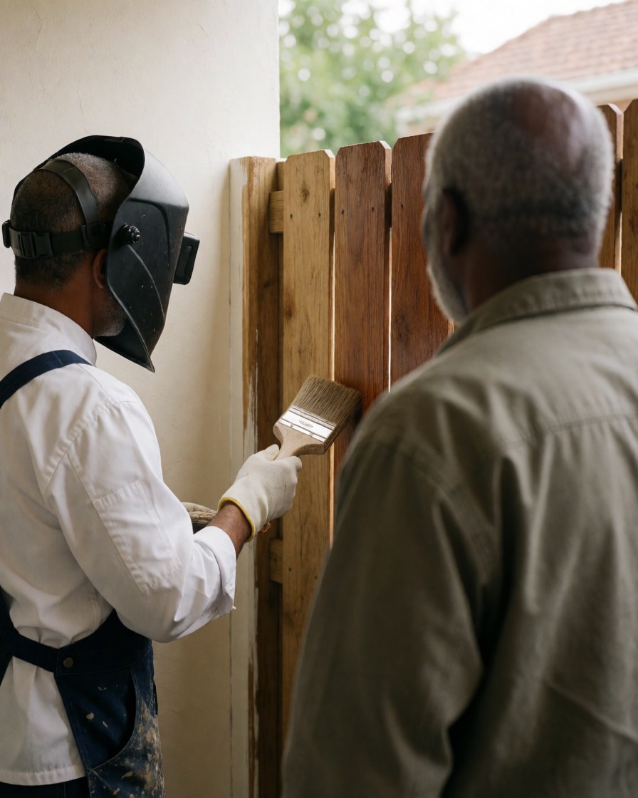 A painter applies a finish to a wooden fence while a client observes closely under natural light.