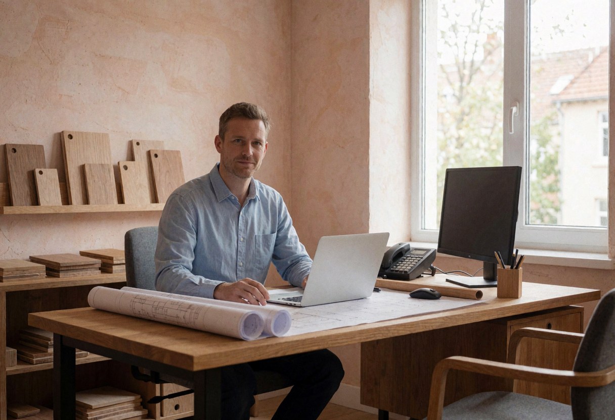 Carpenter working at a wooden desk with blueprints, wood samples, and a laptop in an office with terracotta stucco walls