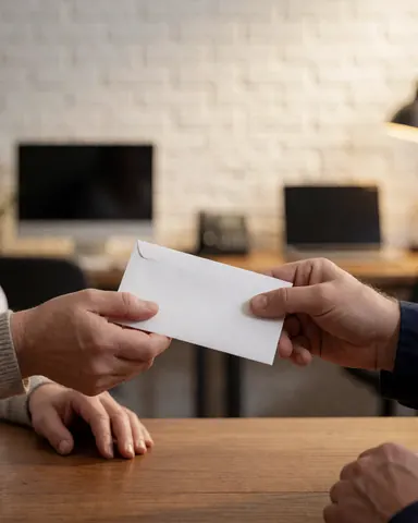 Close-up of hands exchanging an item on a wooden desk in an office with a white brick wall and warm lighting