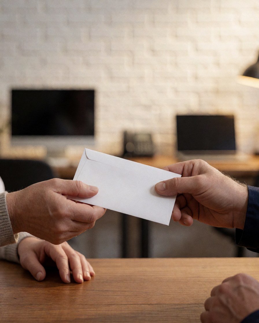 Close-up of hands exchanging an item on a wooden desk in an office with a white brick wall and warm lighting