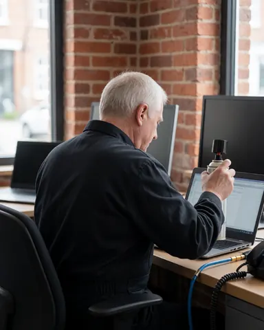 Computer repair technician cleaning a laptop with compressed air in an office with a brick wall