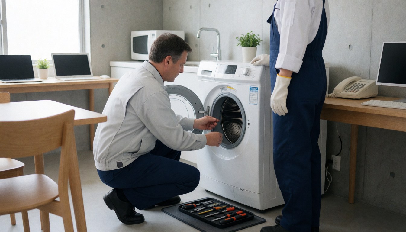 Technician inspecting a washing machine with tools in a case, standing customer, concrete walls, natural light, realistic and professional scene.