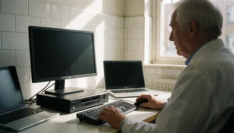 A digital video recorder sits on a desk in an office with white tiled walls, illuminated by natural sunlight coming through a window.