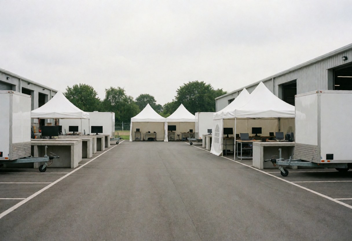 Empty industrial courtyard featuring white tents, work tables, and monitors ready for operations