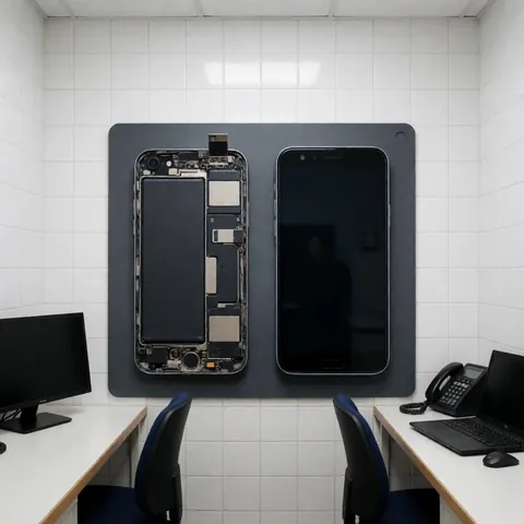 Two disassembled smartphones with exposed batteries resting on an anti-static mat in a repair workshop with white tiled walls