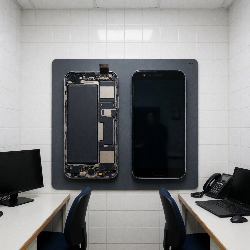 Two disassembled smartphones with exposed batteries resting on an anti-static mat in a repair workshop with white tiled walls