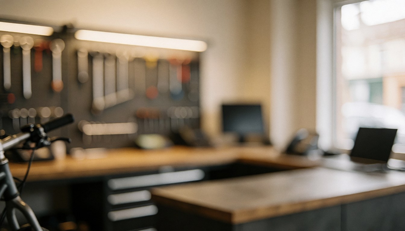 Neat and well-lit bicycle workshop background featuring hanging tools on a work surface.