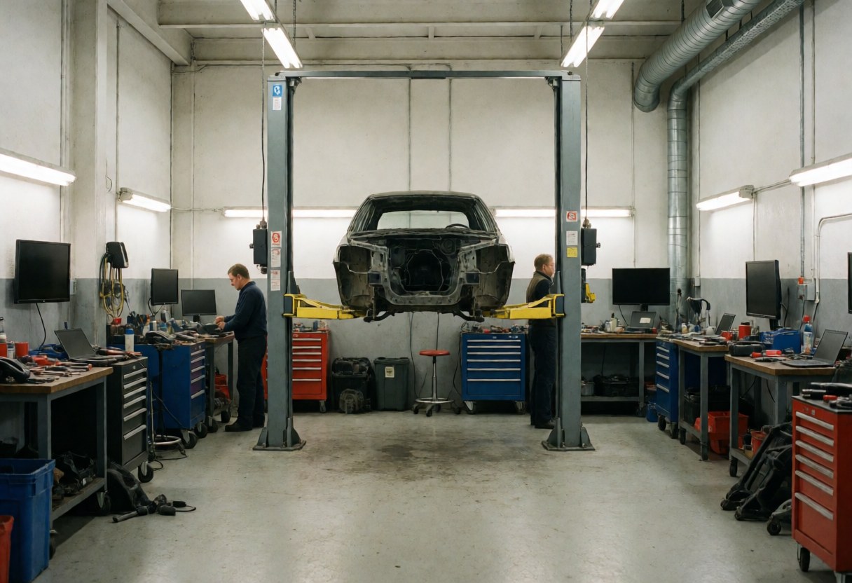 Vehicle elevated on hydraulic lift in auto repair shop with workers and tools on tables under fluorescent lights