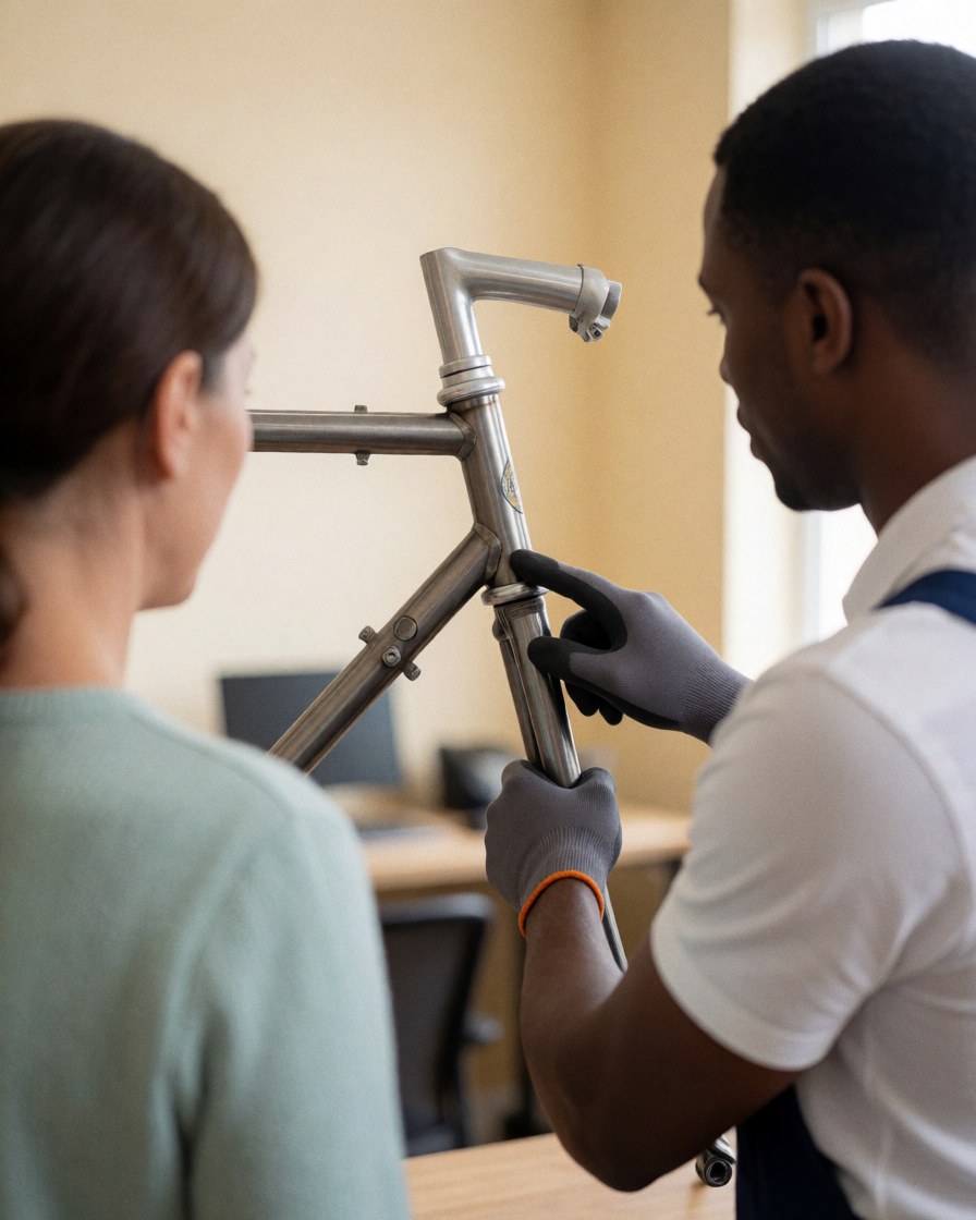 Mechanic in gloves displays a repaired bicycle frame to a client in a workshop with beige walls and tools in the background.
