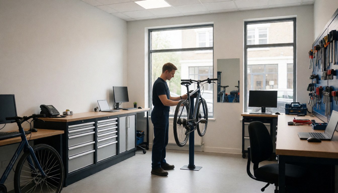Bike mechanic adjusting wheel in workshop with tools on wall and natural light