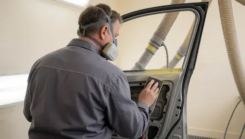 Worker wearing a mask polishing a car door in a body shop with visible dust extraction system