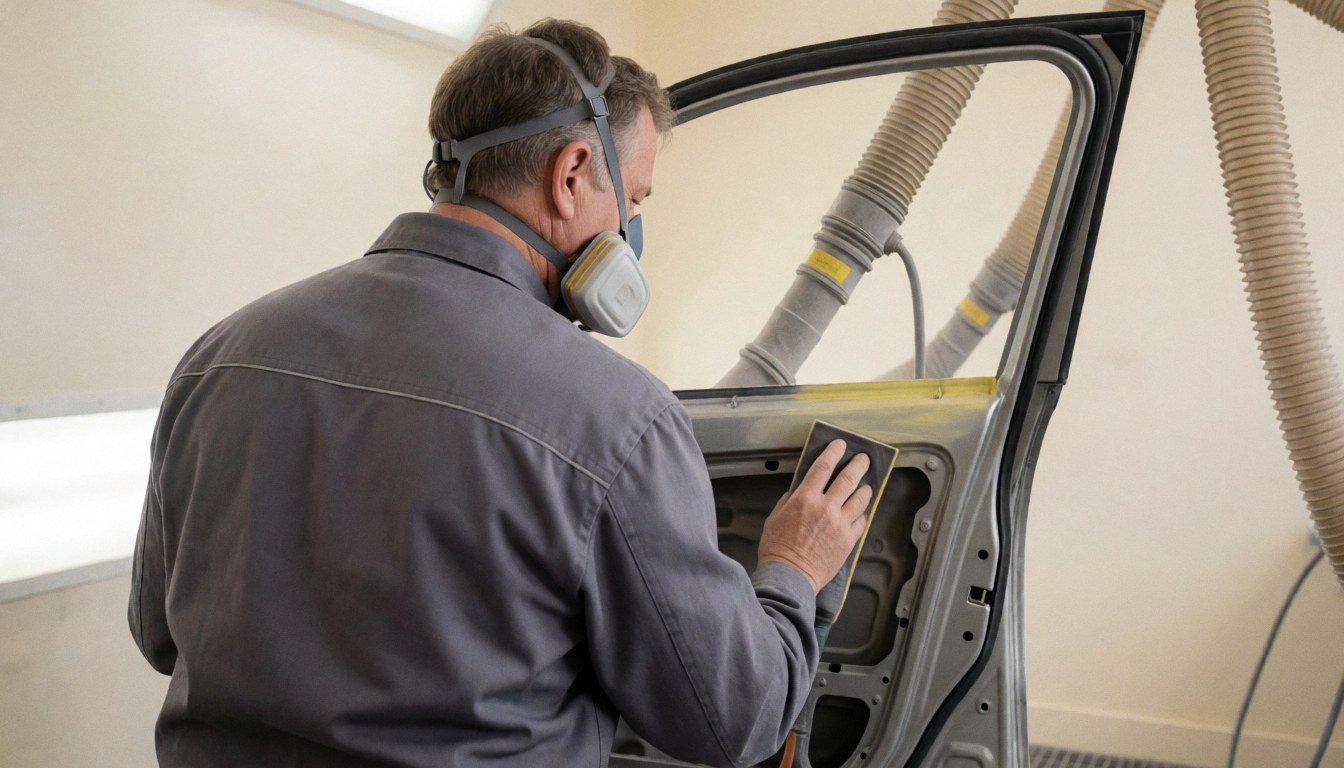 Worker wearing a mask polishing a car door in a body shop with visible dust extraction system