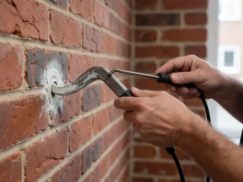 Close-up detail of hands using a metal tool to repair a red brick wall at a construction site