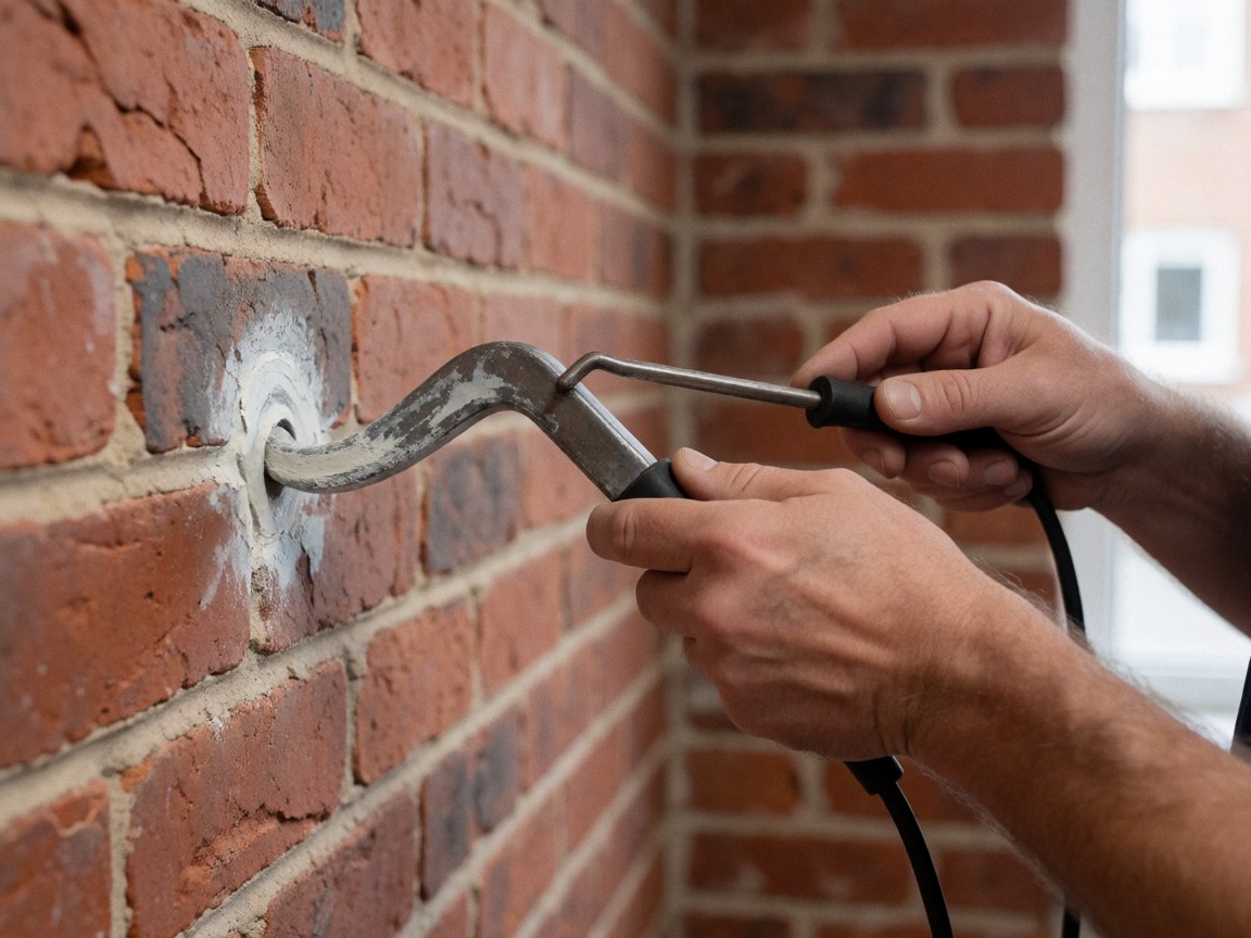 Close-up detail of hands using a metal tool to repair a red brick wall at a construction site