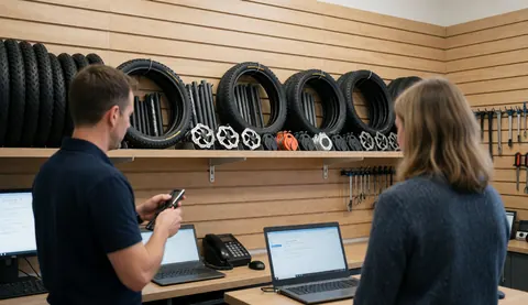 A technician and customer in a bike workshop surrounded by tires, brake discs, tools, and computers on a workbench.