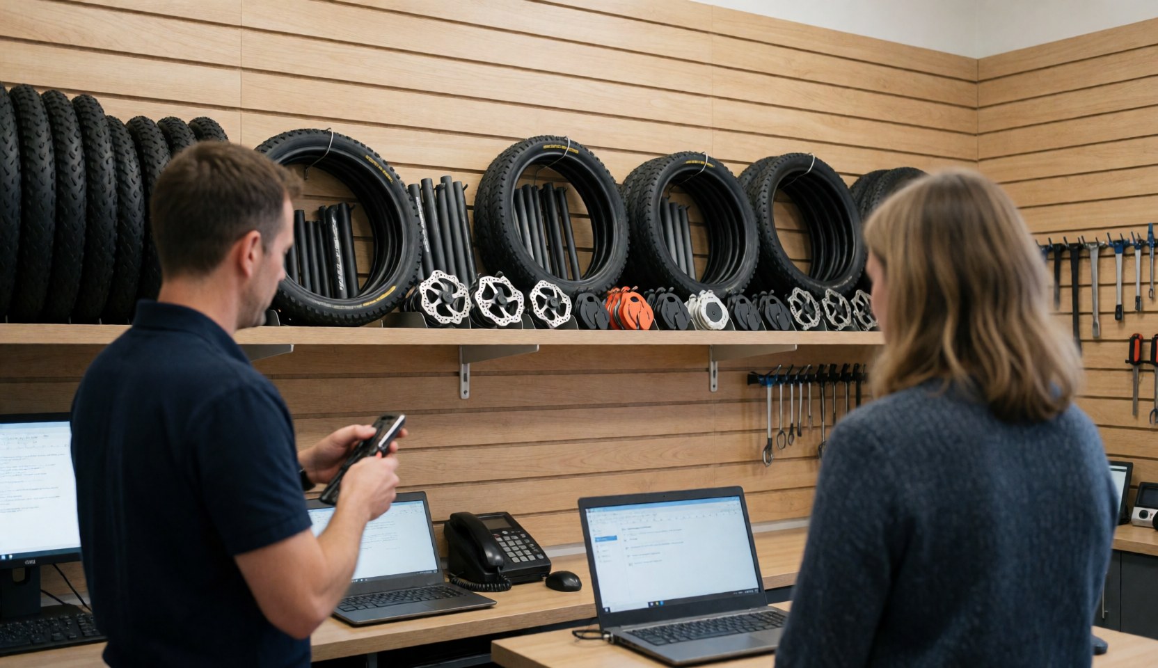 A technician and customer in a bike workshop surrounded by tires, brake discs, tools, and computers on a workbench.