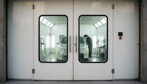 A professional worker painting a car inside a modern, clean paint booth with visible tools and white walls.