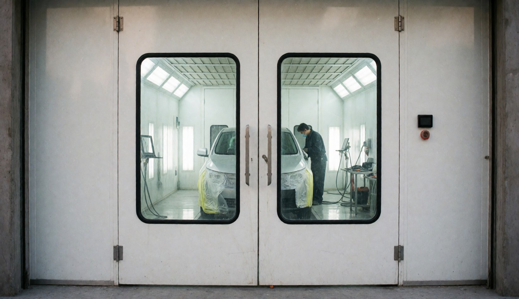 A professional worker painting a car inside a modern, clean paint booth with visible tools and white walls.