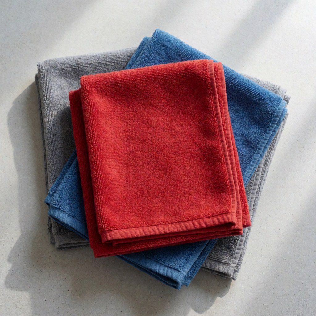Red blue and gray microfiber towels neatly arranged on concrete surface for vehicle cleaning