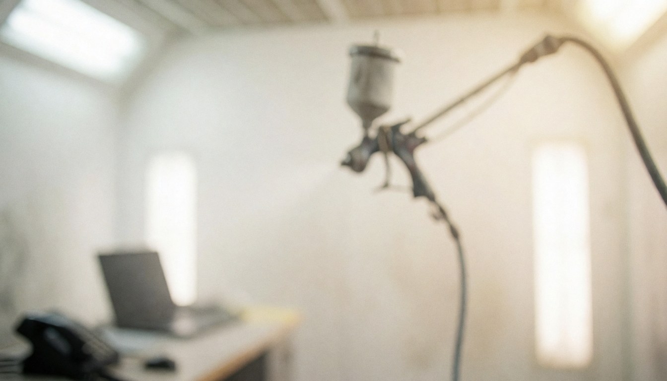 Spray nozzle in a painting workshop with white walls and warm light, ideal for text backgrounds.