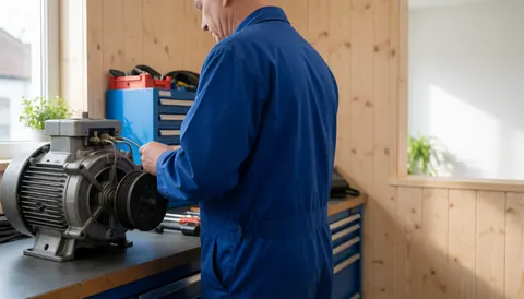 Technician in blue uniform repairing an electric motor on a workbench in a workshop with wooden walls and natural light