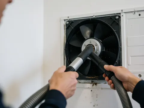 Close-up of hands using a vacuum hose to clean debris from a condenser fan against a white background during refrigerator repair service