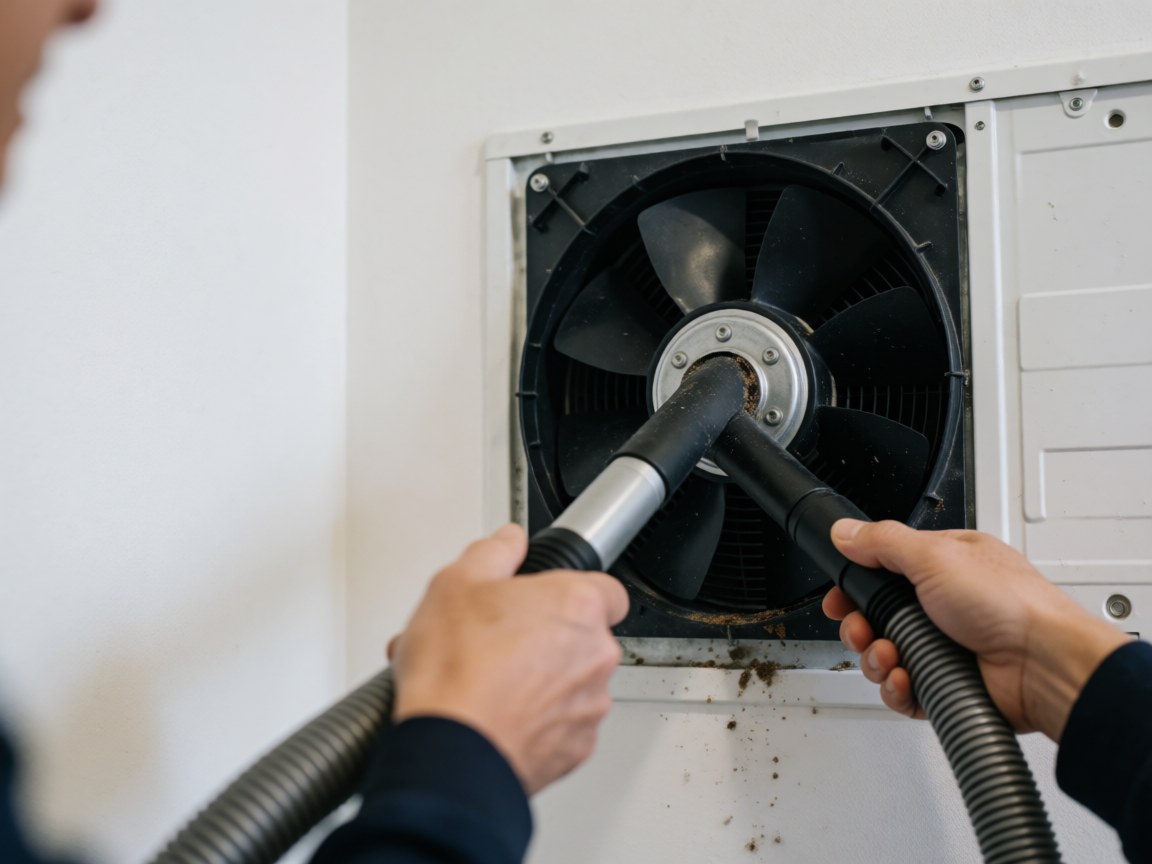 Close-up of hands using a vacuum hose to clean debris from a condenser fan against a white background during refrigerator repair service