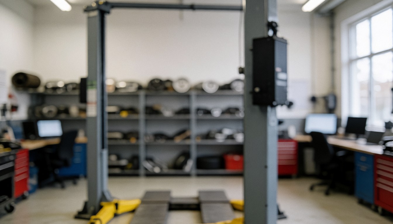 Neutral professional background of an auto body and paint workshop featuring a forklift and spare parts shelves with industrial lighting.