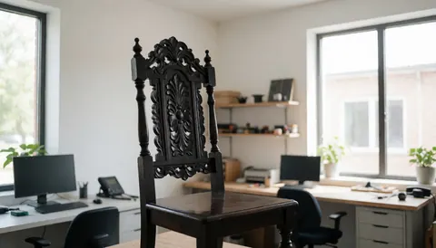 Dark wood chair with carved details restored in a workshop with natural light and organized shelves