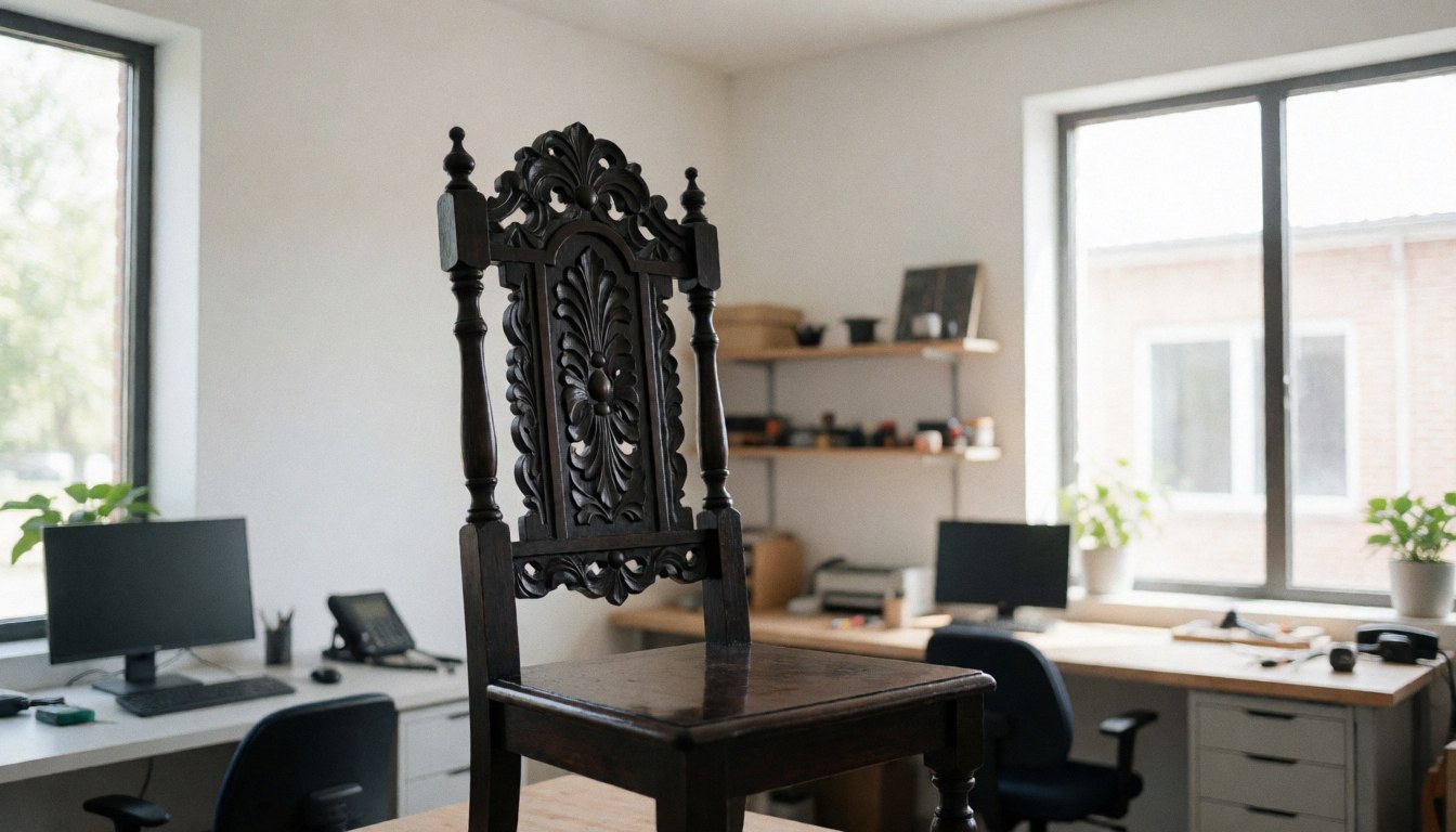 Dark wood chair with carved details restored in a workshop with natural light and organized shelves