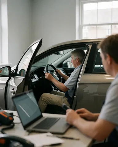 A professional technician works on a client's vehicle inside a clean and organized auto repair shop with natural light.